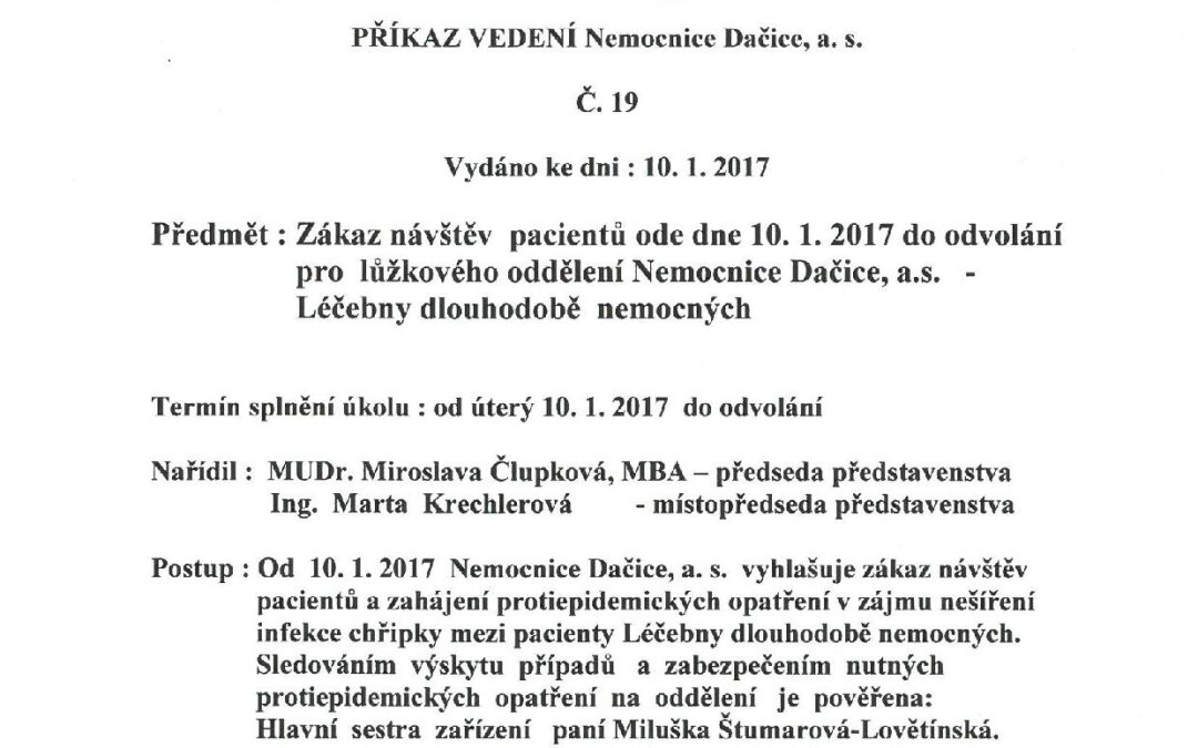 Zákaz návštěv od 10.1.2017 na lůžkovém oddělení do odvolání