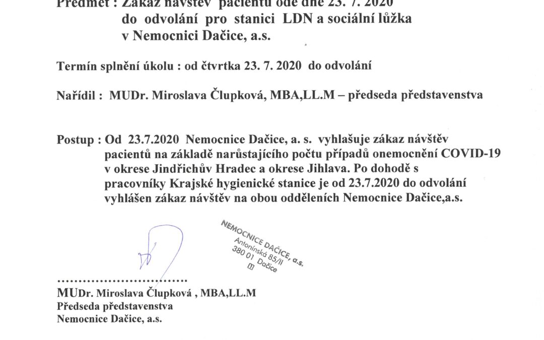 Zákaz návštěv na lůžkovém oddělení od 23. 7. 2020 do odvolání – zrušeno k 15. 8. 2020