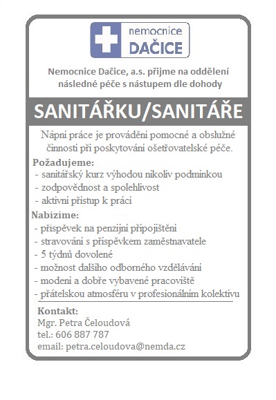 Volné pracovní místo – sanitářka/sanitář