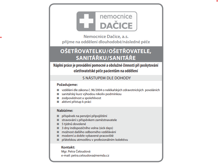 Volné pracovní místo – ošetřovatel/-ka, sanitář/-ka