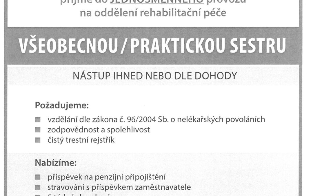 Volné pracovní místo – všeobecná/praktická sestra
