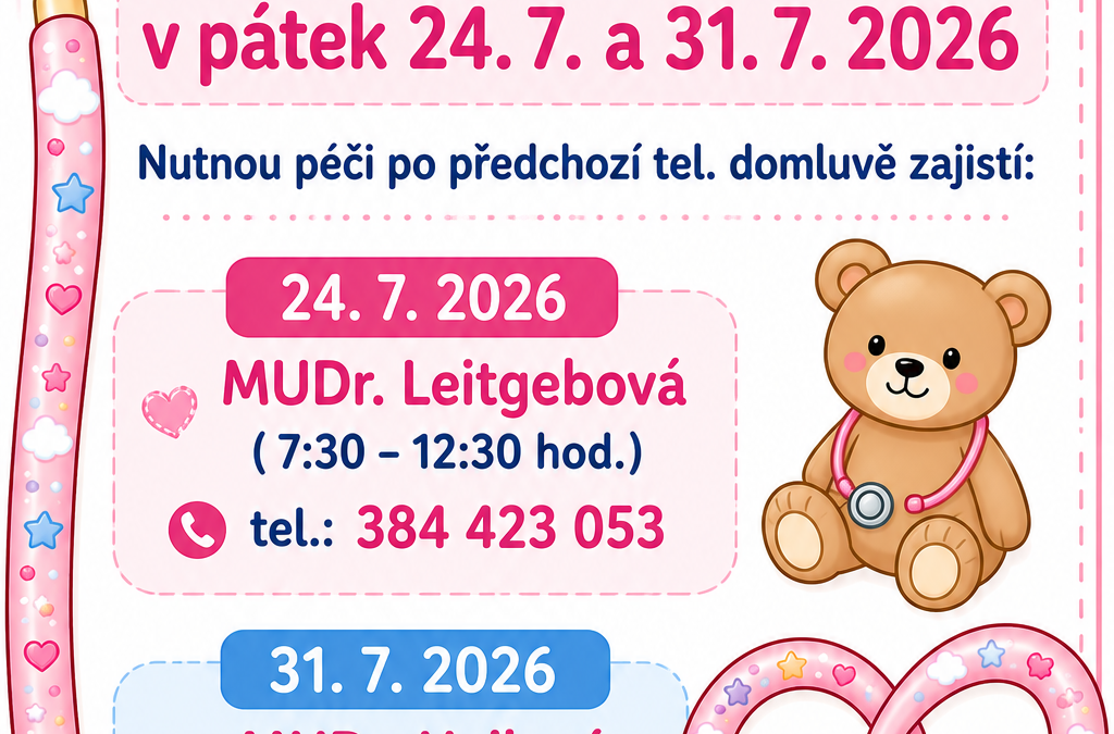 MUDr. Parmová – 24.7. a 31. 7. 2026 – uzavřená amb.